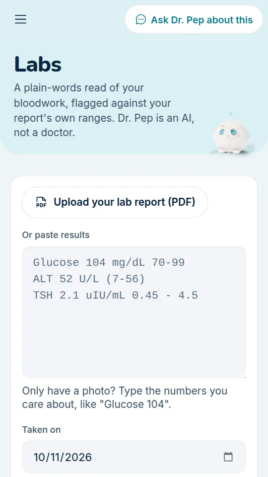 Dr. Pep app: Lab results