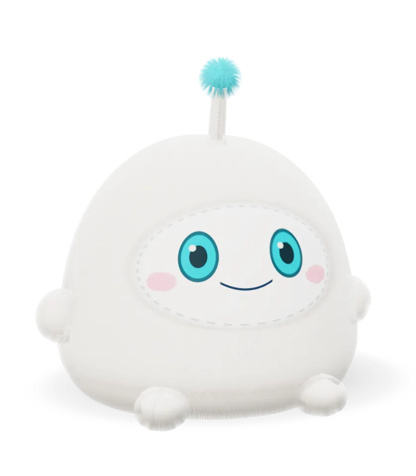 Dr. Pep, a soft white plush toy with big embroidered aqua eyes